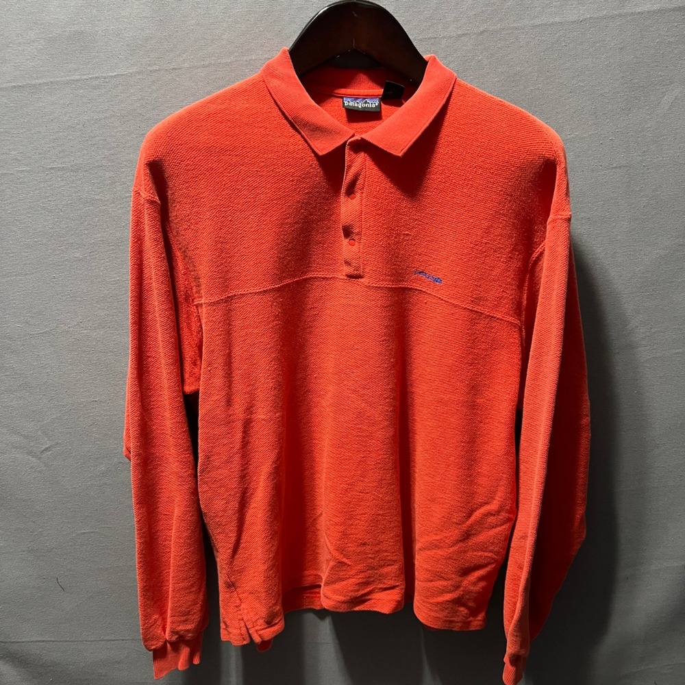 Patagonia Mens L Orange Long Sleeve Cotton Textured Knit Snap Polo Shirt Vintage